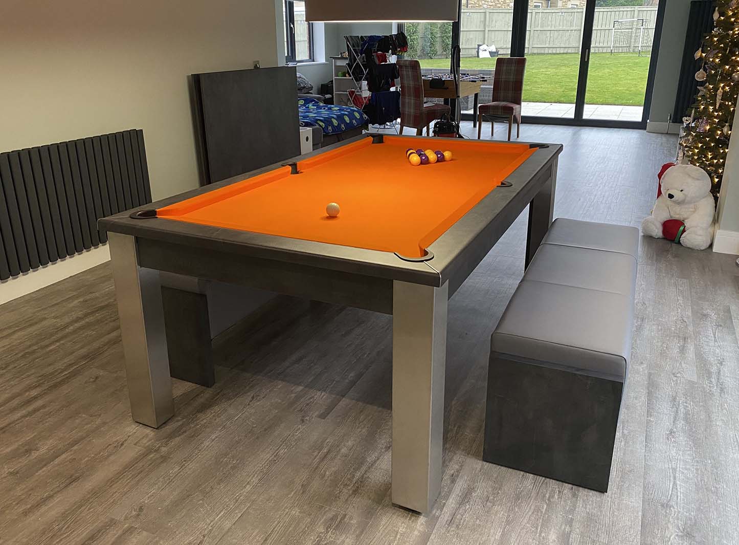 Grey pool table orange cloth large modern room