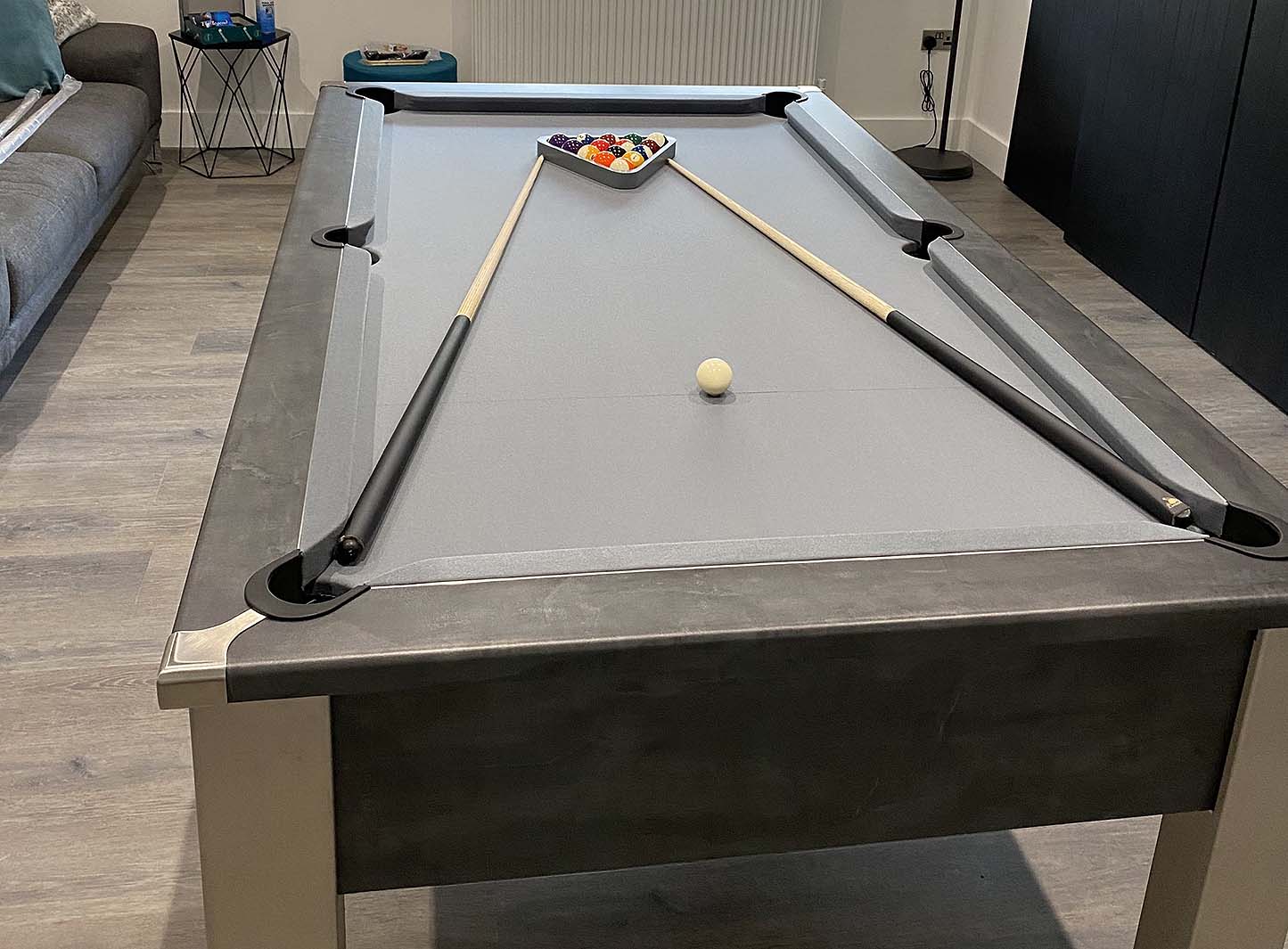 pool cues triangle balls grey cloth dark grey frame