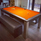 Orange cloth and grey pool table with matching benches