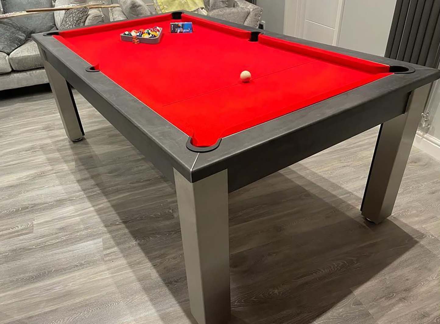 Red cloth and grey pool table