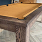 camel cloth pool table in rustic black oak corner pocket