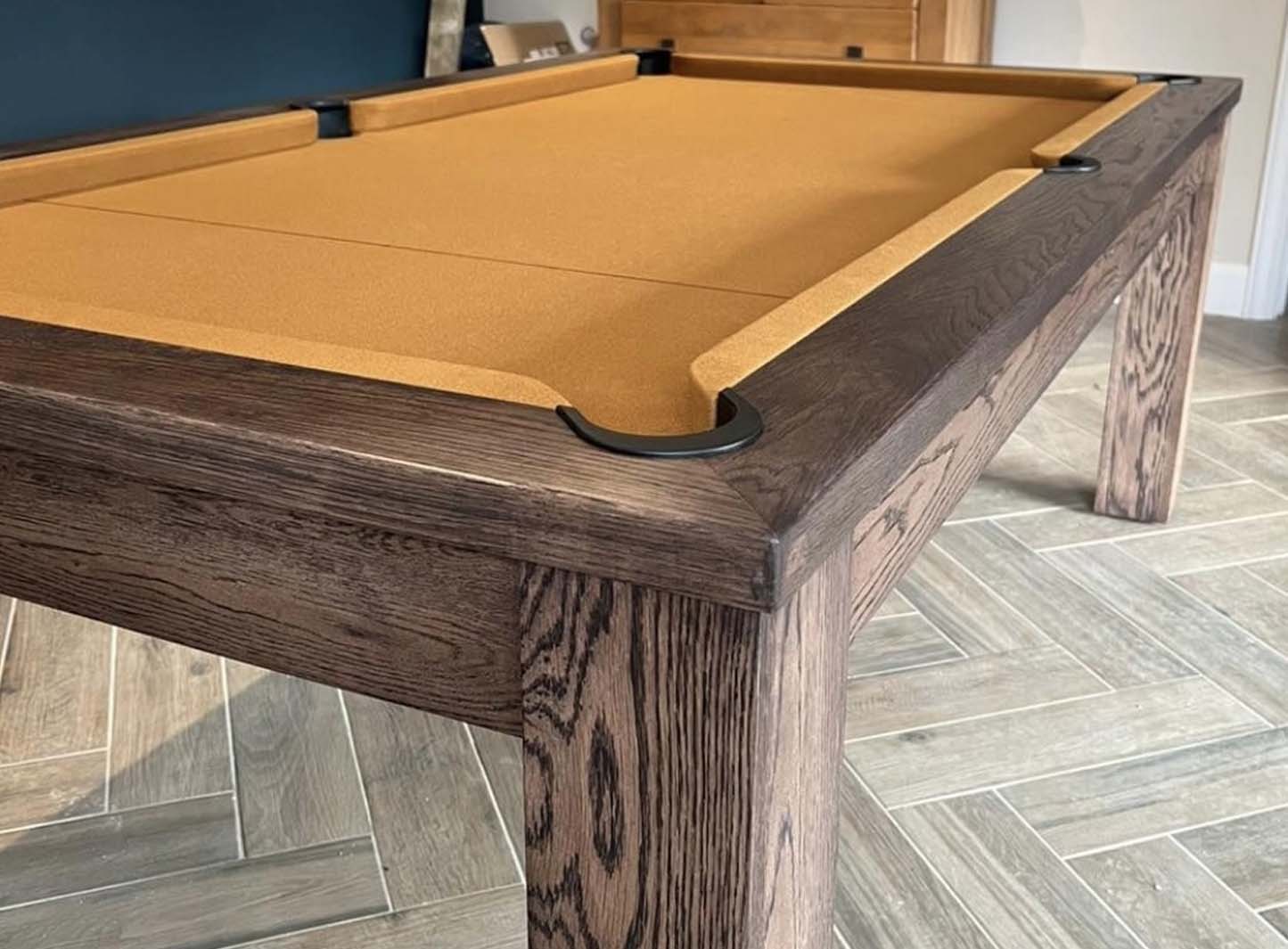 camel cloth pool table in rustic black oak corner pocket