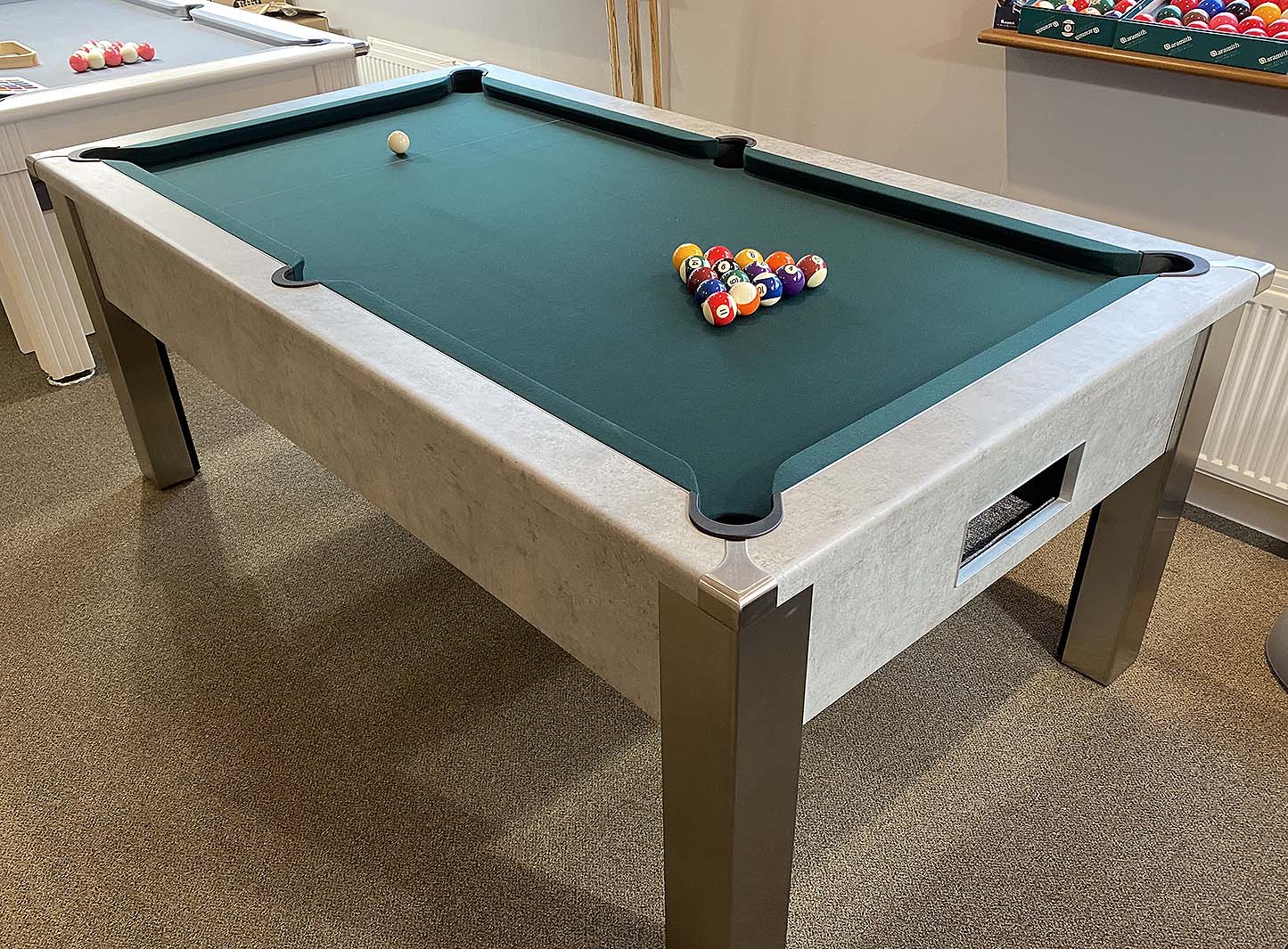 concrete style pool table with dark green cloth