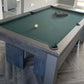 Dark green cloth and dark grey pool table and matching benches