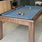 elixir rustic black oak pool dining table powder blue cloth