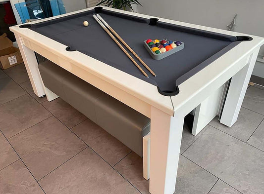 white gloss pool table with dark grey cloth