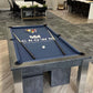 Pool table with dark bluc cloth and white logo