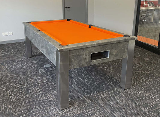 pool table orange cloth grey frame metal legs grey carpet