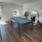 pool table dining table green cloth in a dining room