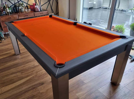 pool table with bright orange cloth and grey frame