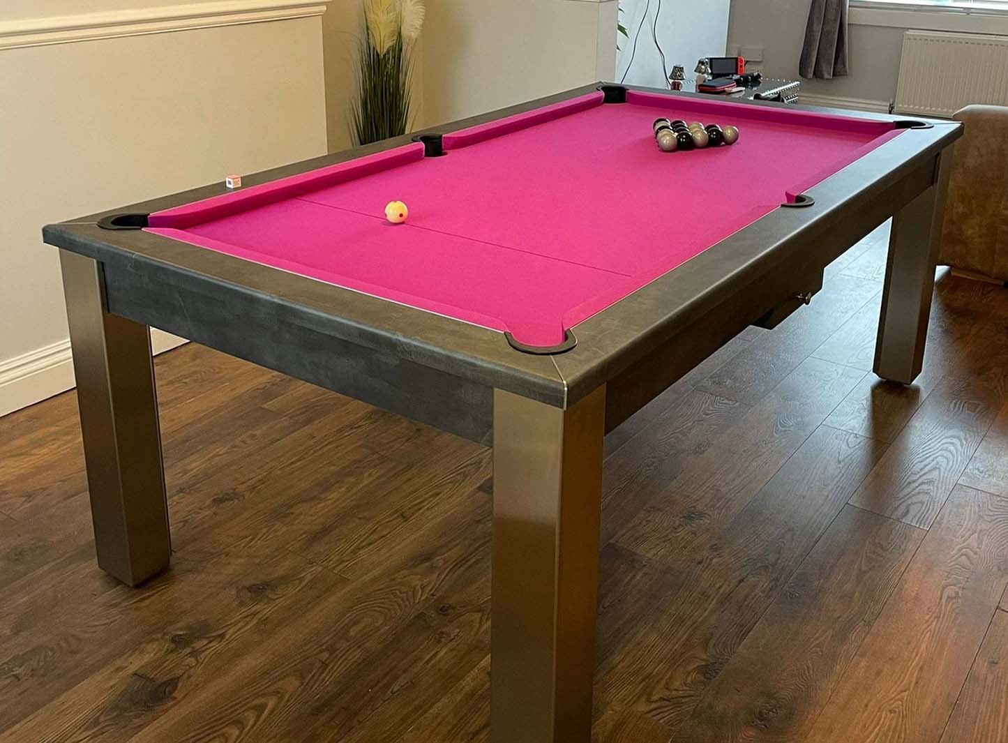 cherry pink cloth dark grey pool table