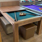 pool table dining table conversion green cloth brown stool and grey bench