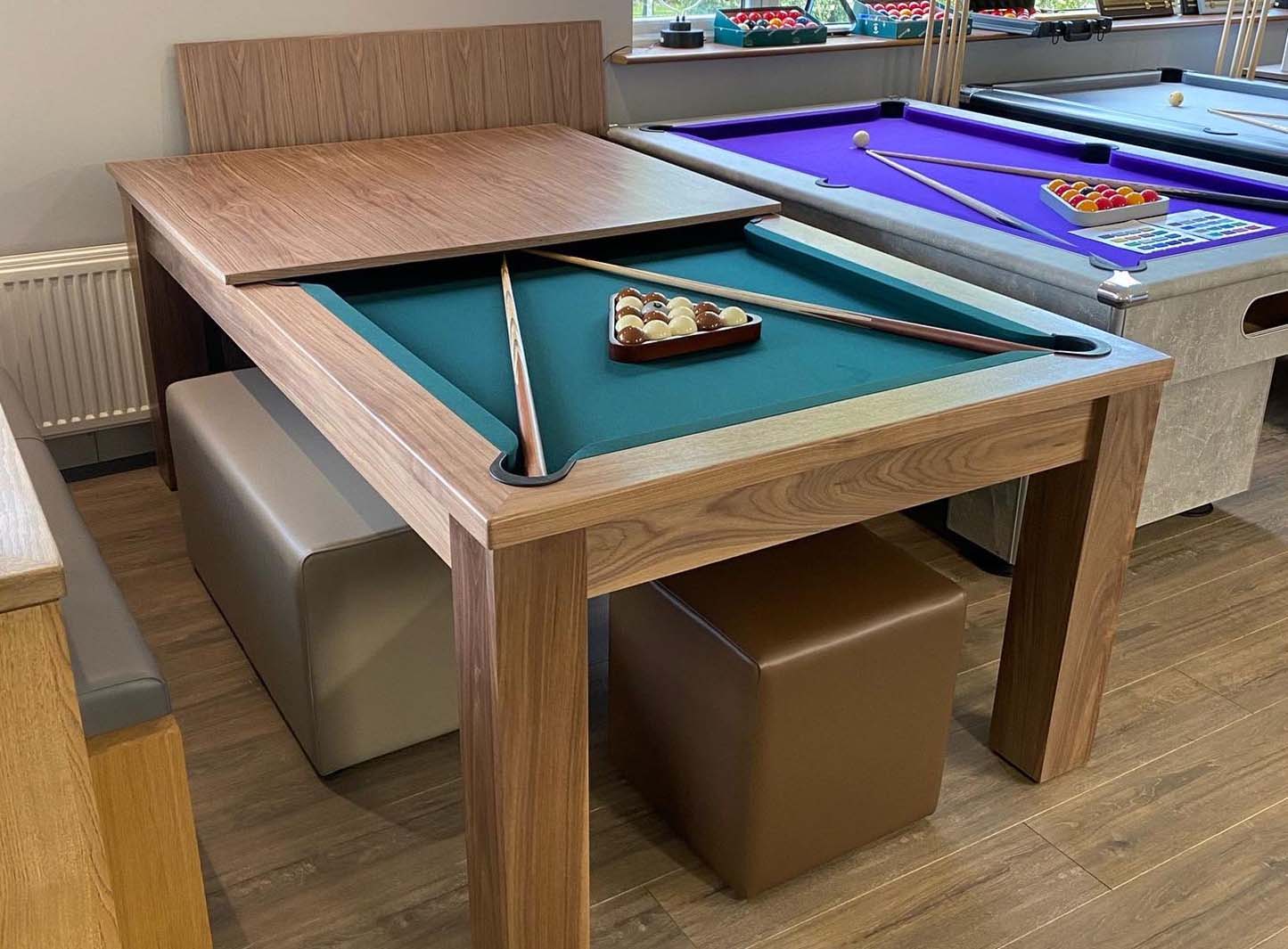 pool table dining table conversion green cloth brown stool and grey bench