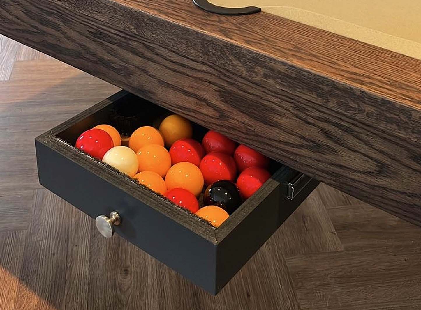 pool table ball drawer red yellow balls black oak finish