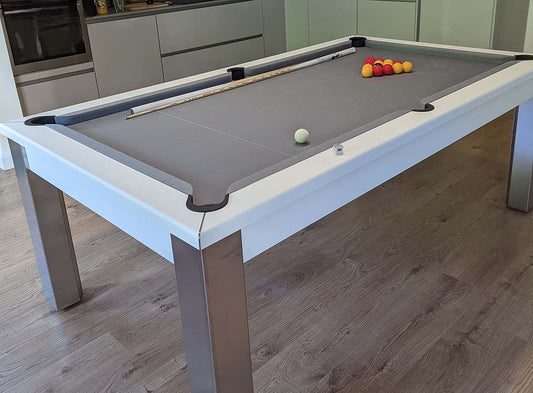 matt white frame pool table mid grey cloth yellow red balls