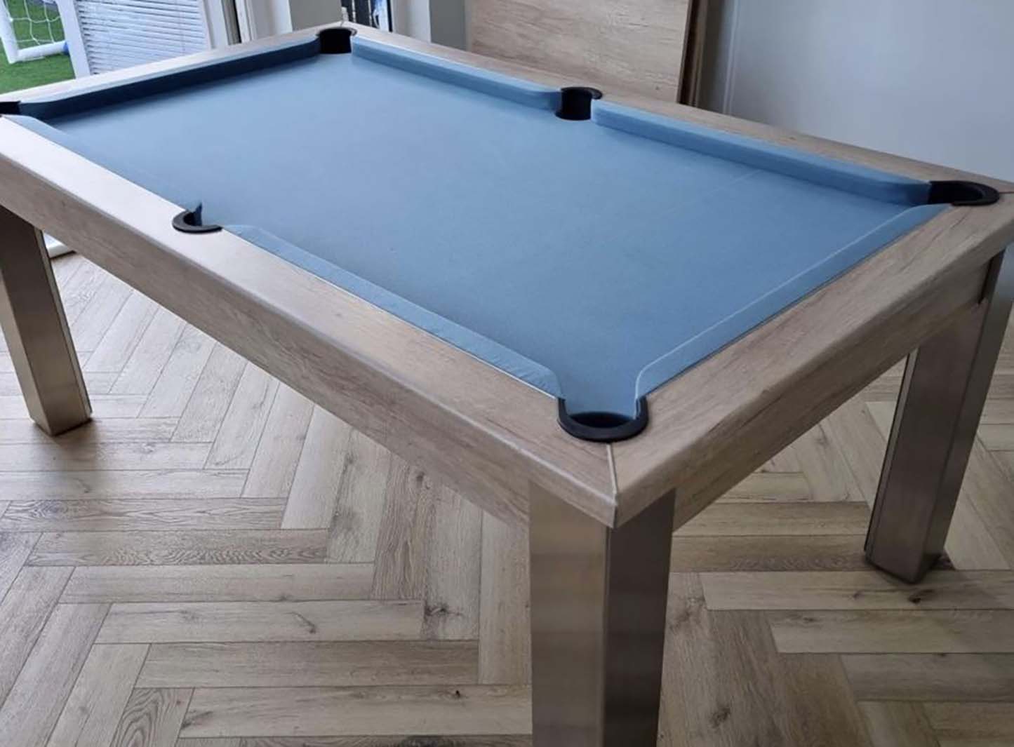 Pool table with grey cloth and matching a dining table