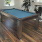 green cloth pool table in a dining room