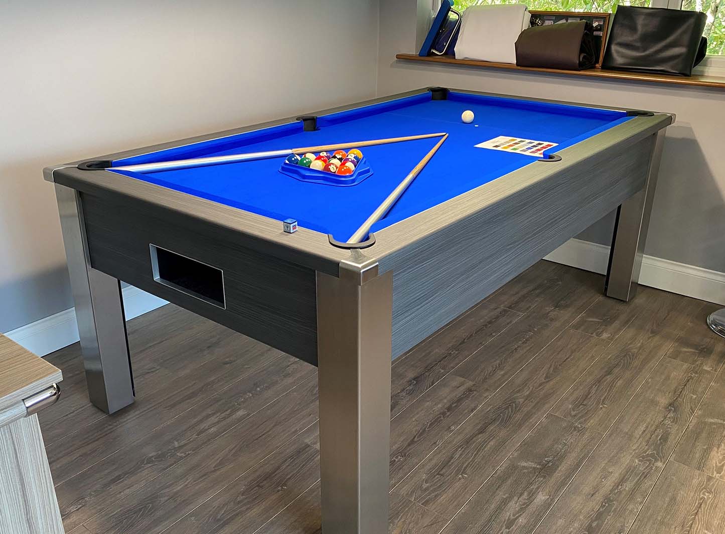 pool table with royal blue cloth