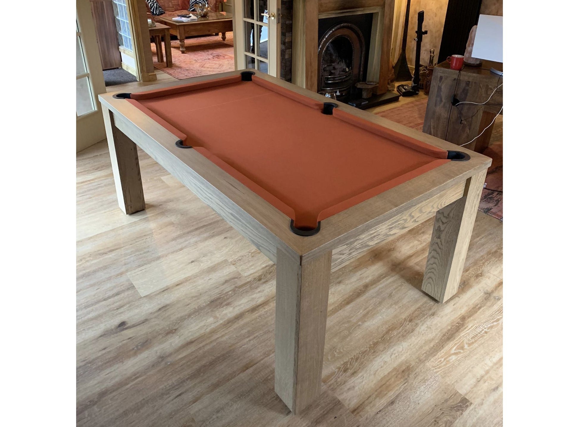 salmon colour cloth rustic pool table