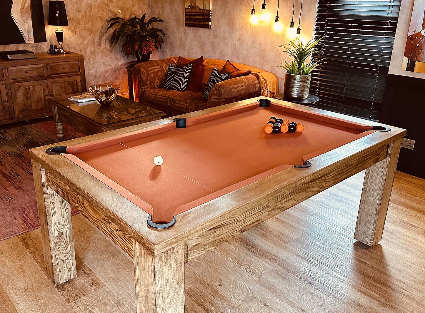 rusty colour pool table cloth peach black grey balls