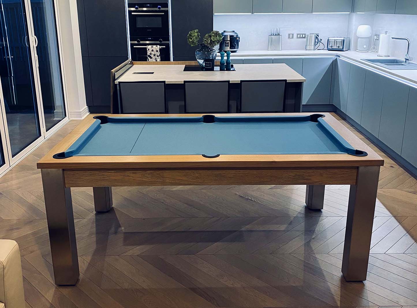 Pool table in a kitchen