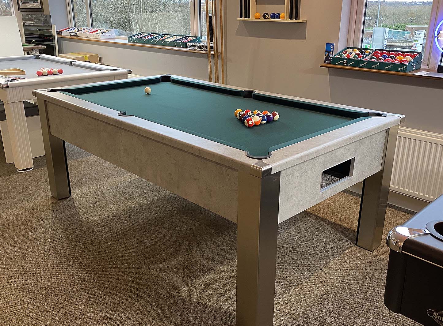 pool table setup to play with balls light grey body and dark green cloth