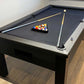 Black pool table black felt cloth spots and stripes balls cues white ball setup ready to play