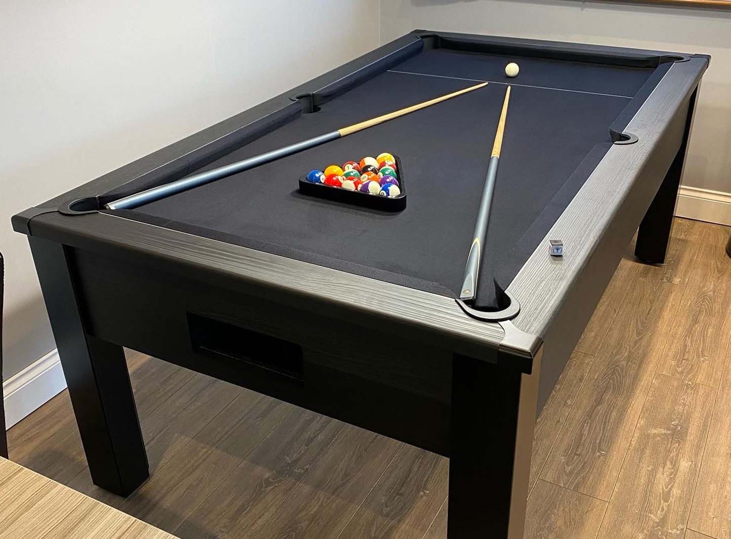 Black pool table black felt cloth spots and stripes balls cues white ball setup ready to play